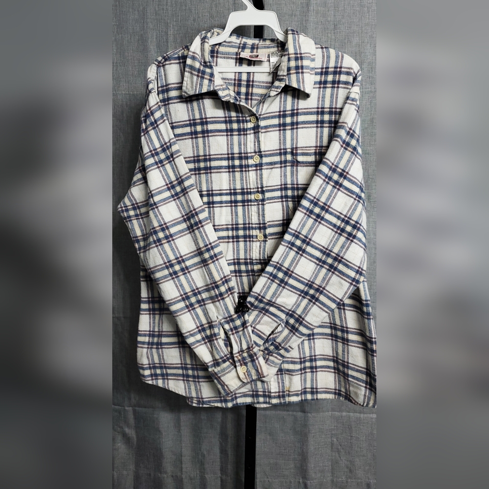 Women's Blue Plaid Long Sleeve Button-Front Shirt - Faded Glory - Size XL